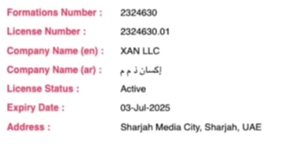 Screenshot 2025-04-27 at 13.56.40 XAN LLC Address: Al Messaned - Al Mitsannid - Sharjah - UAE Email: ro@centurionacquisition.co
